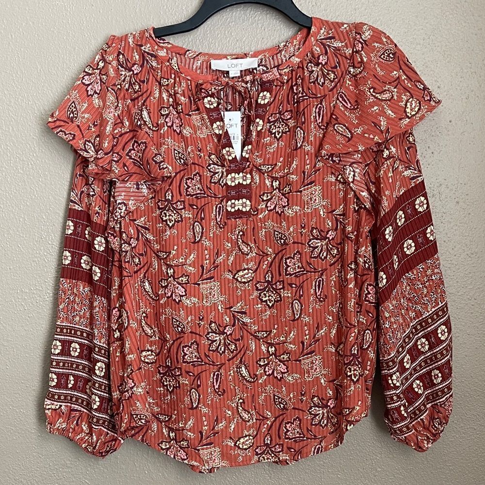 Loft Bouquet Ruffle Tie Neck Blouse Size M - Picture 5 of 9